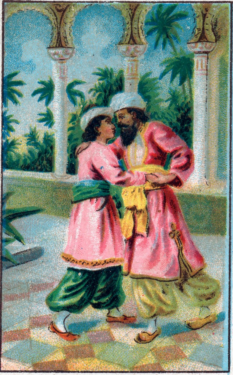 El regreso del príncipe. Cuento “Histoire du cheval enchante” en “Les mille et une nuits” (las 1001 noches). Cromolitografía de finales del siglo XIX. de Unknown artist