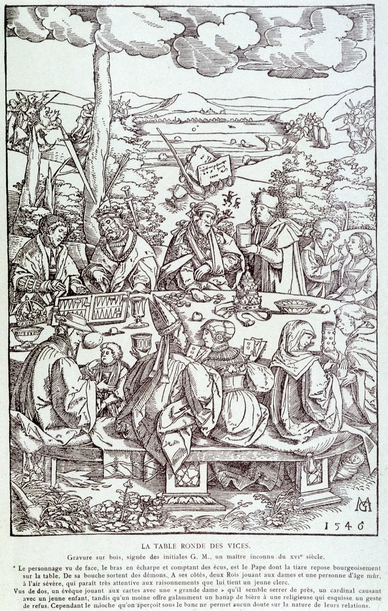 La mesa redonda de los vicios: juego, avaricia, lujuria, orgullo... - Grabado de 1546 de Unknown artist