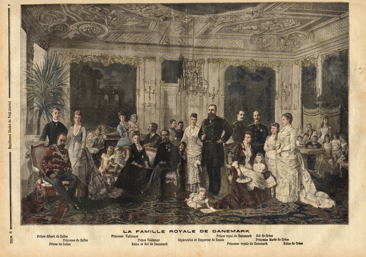 La familia real de Dinamarca, sentados en el centro, la Reina Luisa de Hesse-Kassel (1817-1898) y el Rey Christian IX de Dinamarca (1818-1906) apodado “el apuesto padre de Europa” porque casó a varios de sus hijos con herederos de las grandes familias real de Unknown artist