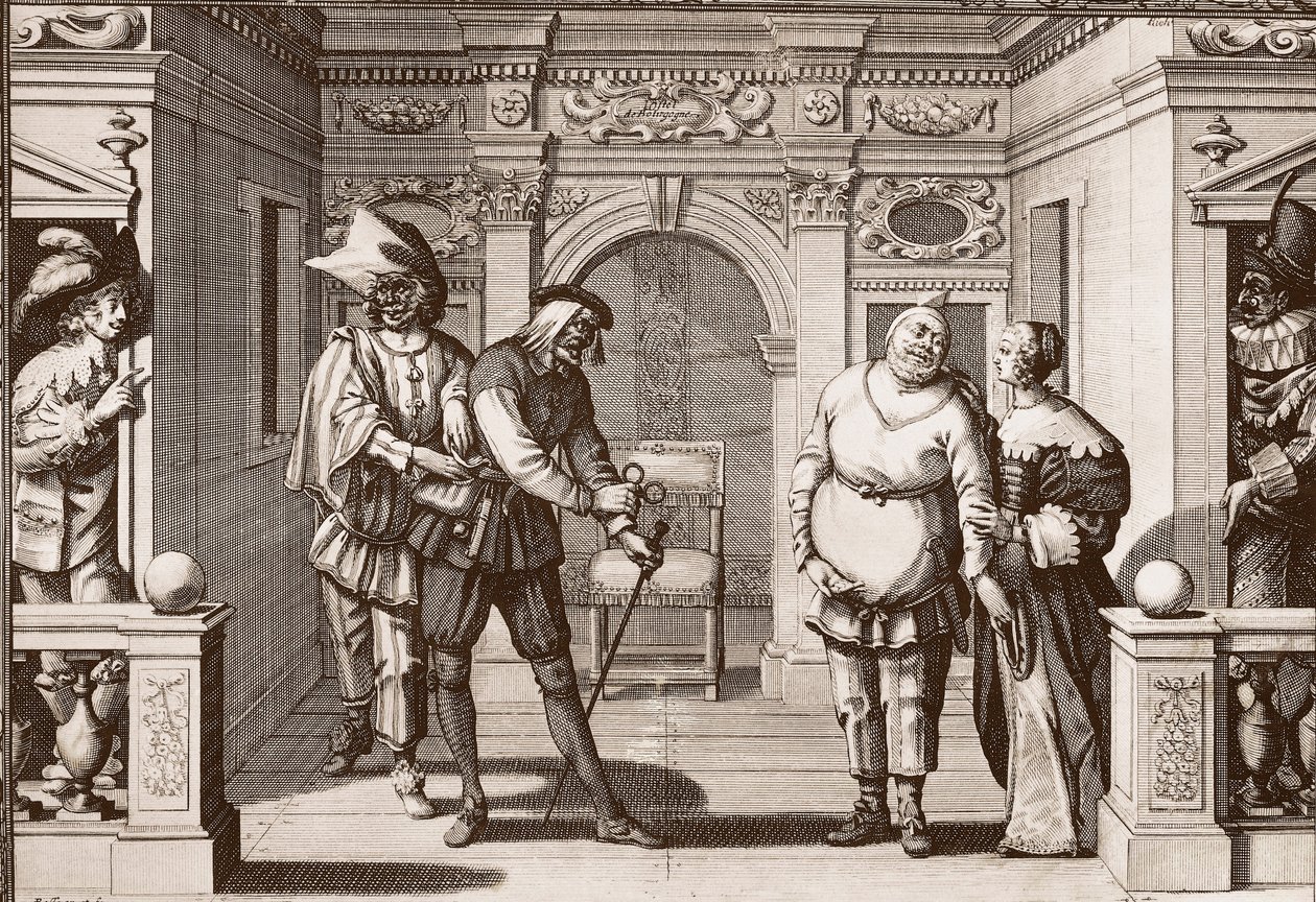 La compañía real de la Comedia Italiana en el teatro del Hotel de Bourgogne, rue Mauconseil en París de Unknown artist