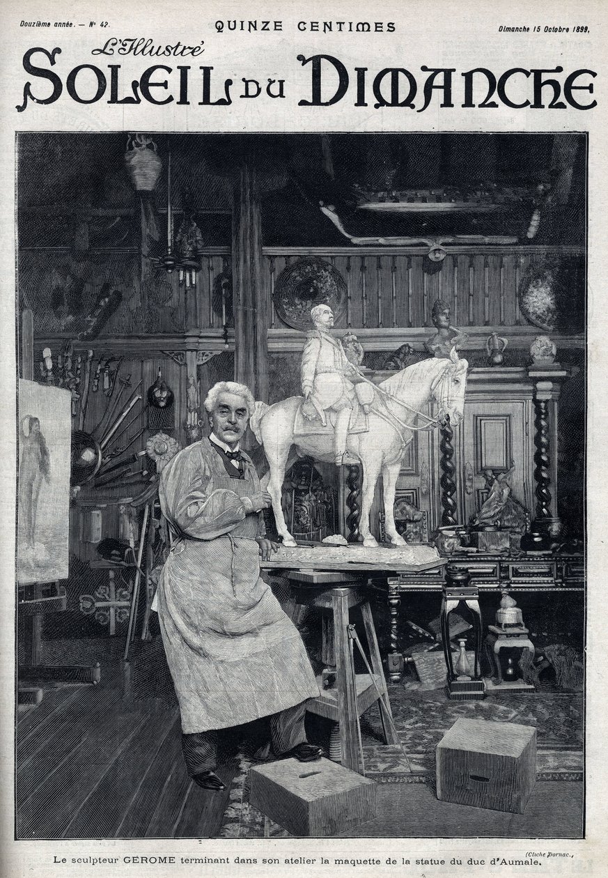 El escultor Jean Léon (Jean-Léon) Gérôme (1824-1904) termina en su estudio el modelo de la estatua del Duque de Aumale - Grabado en "Le sun-du-dimanche", 15 de octubre de Unknown artist