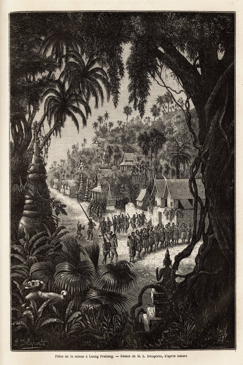 Las celebraciones de la temporada en Luang Prabang, capital real de Lan Xang (reino de los millones de elefantes) (actual Laos), consisten en una procesión de los habitantes y una pagoda de adoración por toda la ciudad. Grabado para ilustrar un viaje de ex de Unknown artist