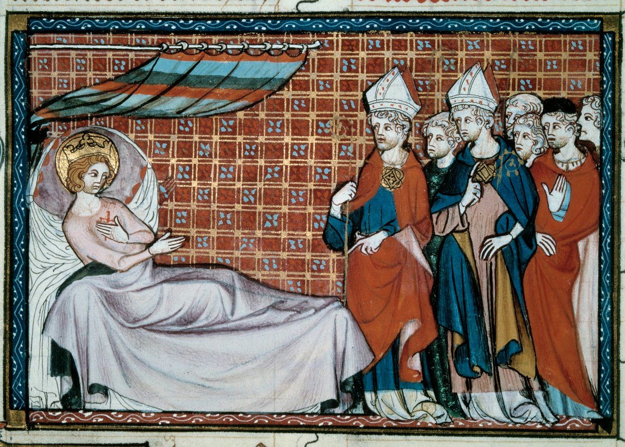El rey enfermo de Francia San Luis (Luis IX) (1214-1270) se dirige a sus familiares y al clero. Miniatura de un manuscrito 