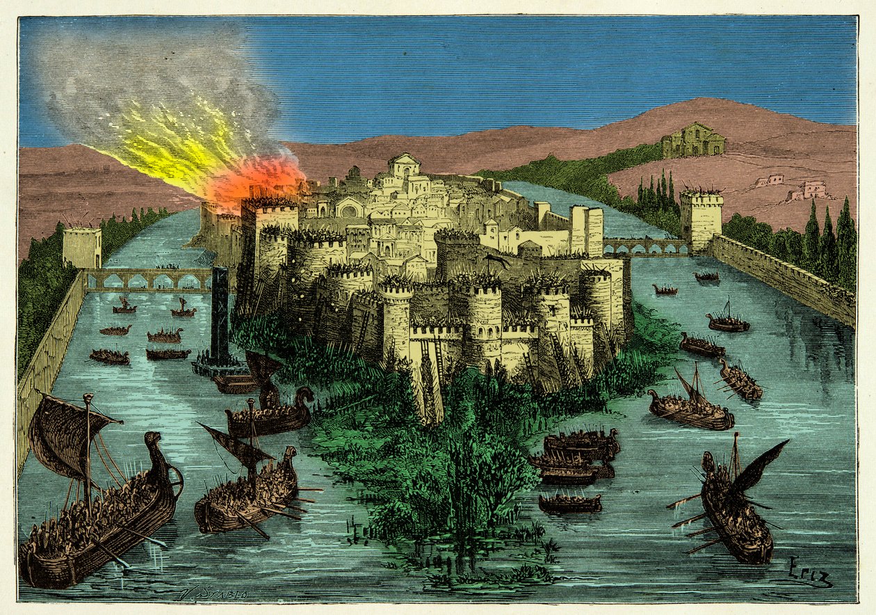 El asedio de París en 845 por los vikingos con Ragnar Lodbrok a la cabeza. Grabado del siglo XIX de Unknown artist