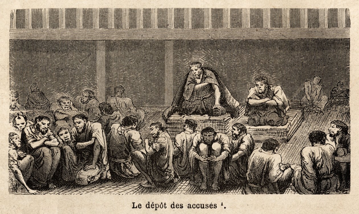 Las etapas de la justicia: el depósito de los cargos, todos los cuales se reúnen pêle-mêle en la misma celda, a menudo durante mucho tiempo, los acusados pueden obtener más comodidad, por ejemplo, dos prisioneros han obtenido esteras que les permiten eleva de Unknown artist