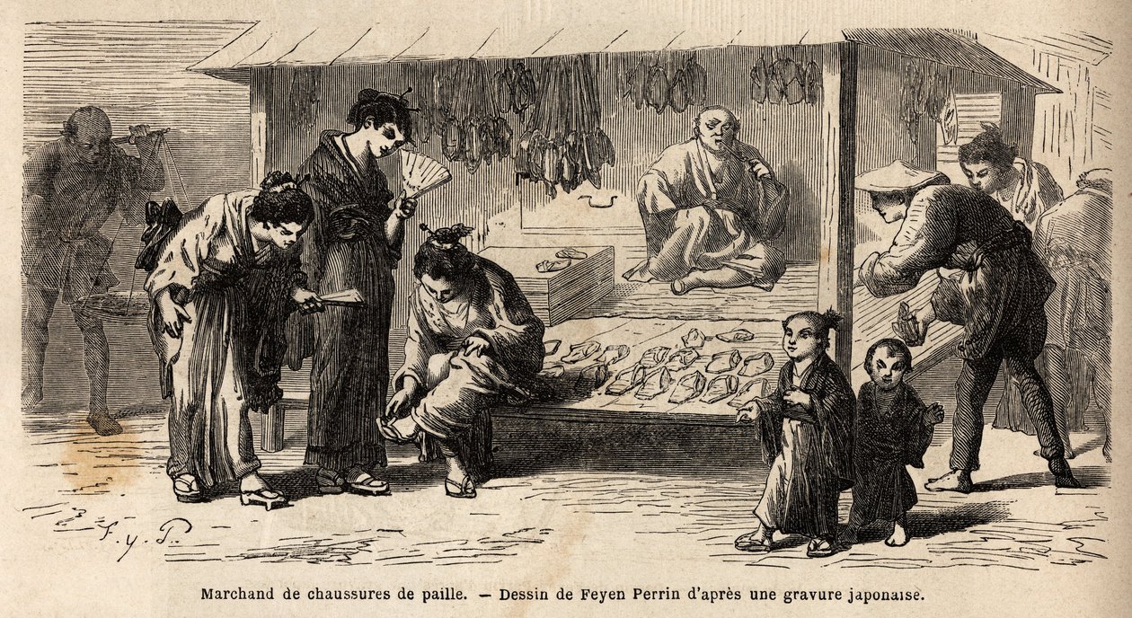 El sello de un vendedor de zapatos de paja, con diferentes clientes, una mujer que prueba un par con sus amigas, y un padre que cuida a su hijo. Grabado para ilustrar el viaje a Japón, en 1863-1864, por Aime Humbert, ministro de la Confederación Suiza de Unknown artist