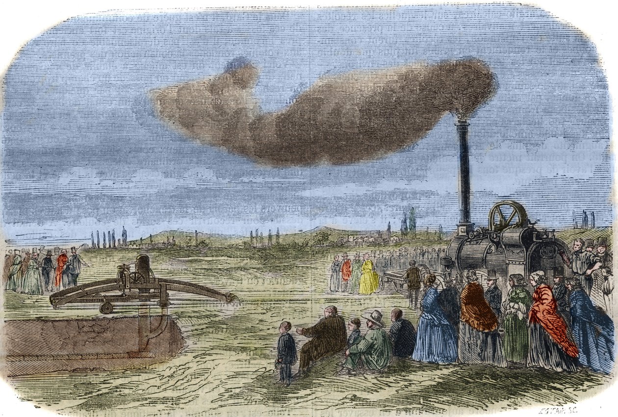 El drenaje de vapor inventado por Albert Fry (1830? -1903) y John Fowler (1826-1864) durante una operación de drenaje mecánico cerca de Versalles. Grabado de 1856 en “El Museo de las Ciencias” de Unknown artist