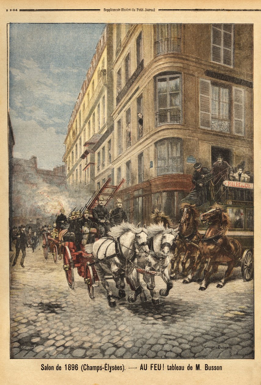 La bomba de vapor y los vehículos de los bomberos en París, según una pintura de Mr. Busson. Grabado en "Le petit journal" 3/05/1896. Colección Selva de Unknown artist