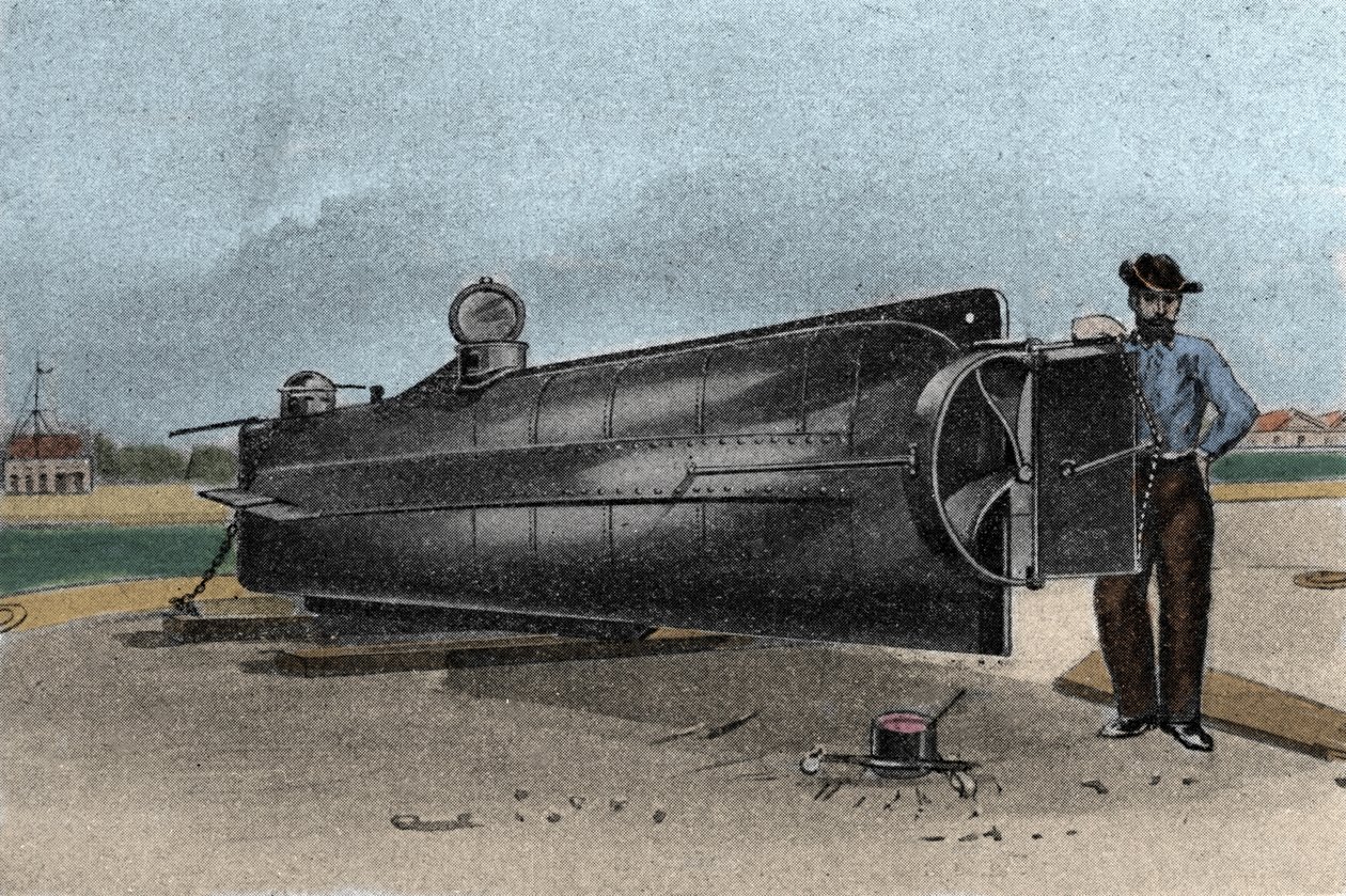El submarino CSS H. L. Hunley utilizado por la Armada de los Estados Confederados durante la Guerra de Secesión. 1861-1865. Grabado del siglo XIX de Unknown artist