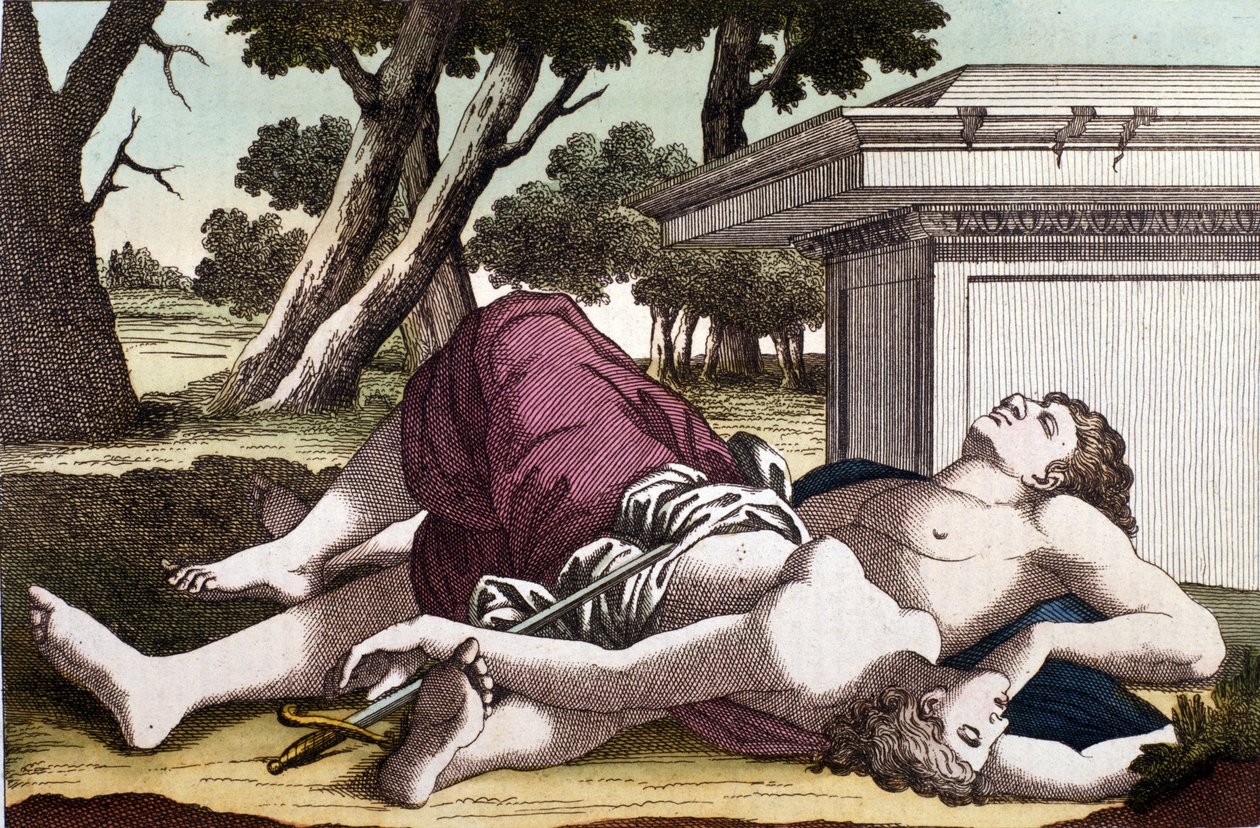 El suicidio de Píramo bajo el moral y la muerte de Tisbe. Convencido de que la leona había devorado a Tisbe, Píramo se suicida y cubre las moras blancas con su sangre. Tisbe, escondida para escapar de la leona, encuentra a su amor muerto y se suicida de Unknown artist