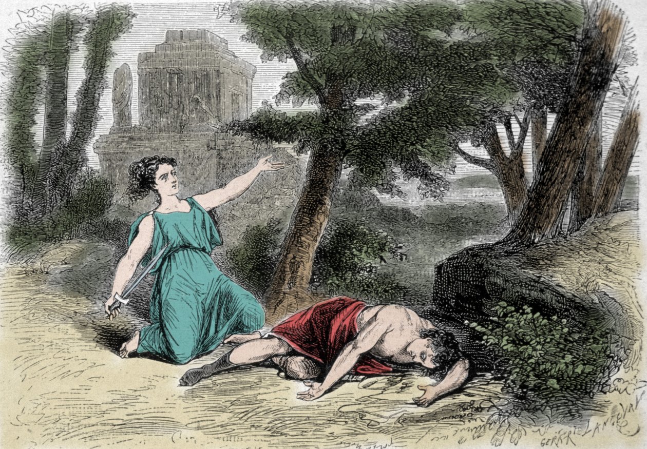 El suicidio de Píramo bajo el moral y la muerte de Tisbe. Convencido de que la leona había devorado a Tisbe, Píramo se suicida y cubre las moras blancas con su sangre. Tisbe, escondida para escapar de la leona, encuentra a su amor muerto y se suicida de Unknown artist