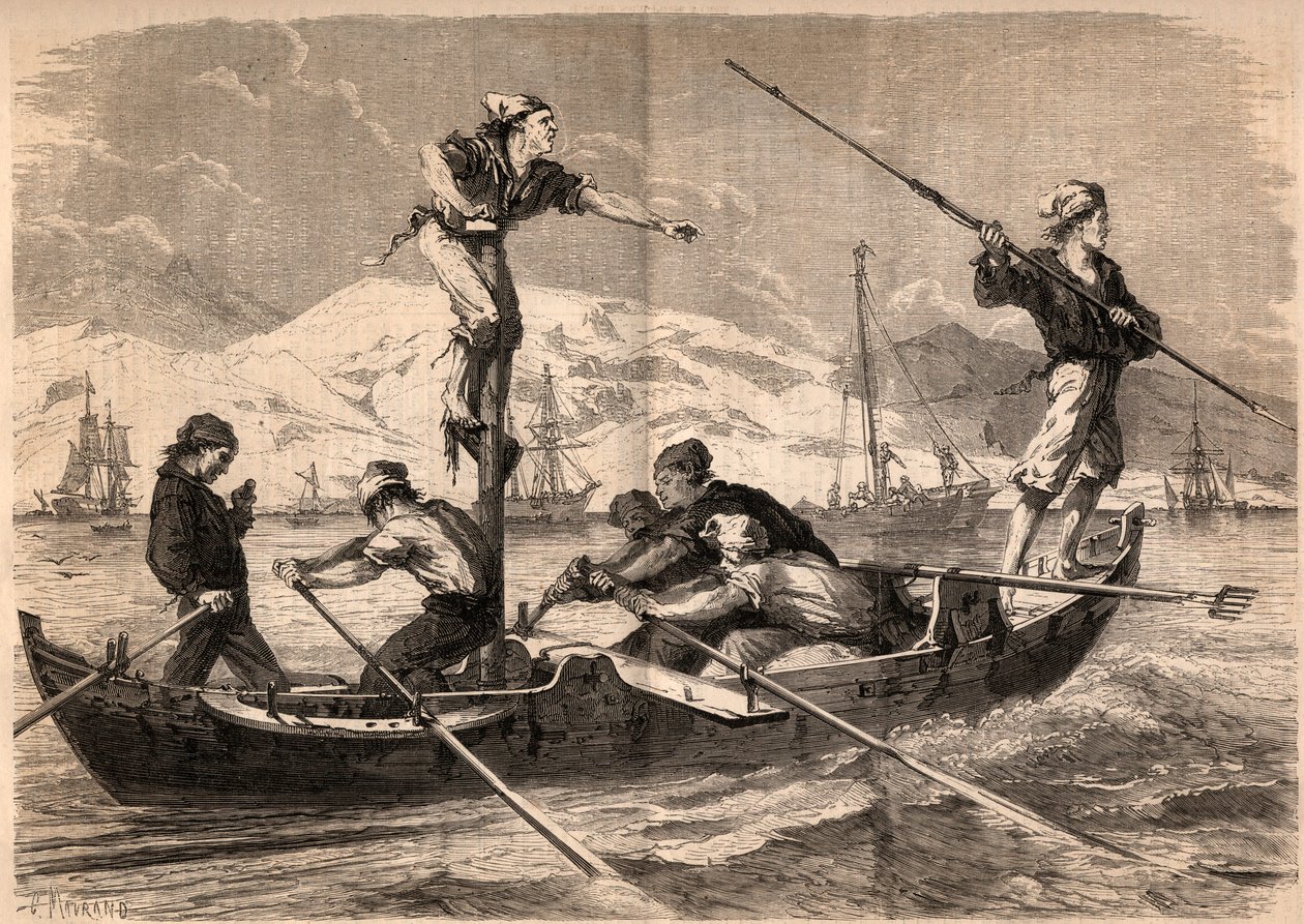 La pesca del pez espada en la costa de Sicilia en Italia en 1862. Grabado en “Le Monde illustré” de 1862. Colección privada. de Unknown artist