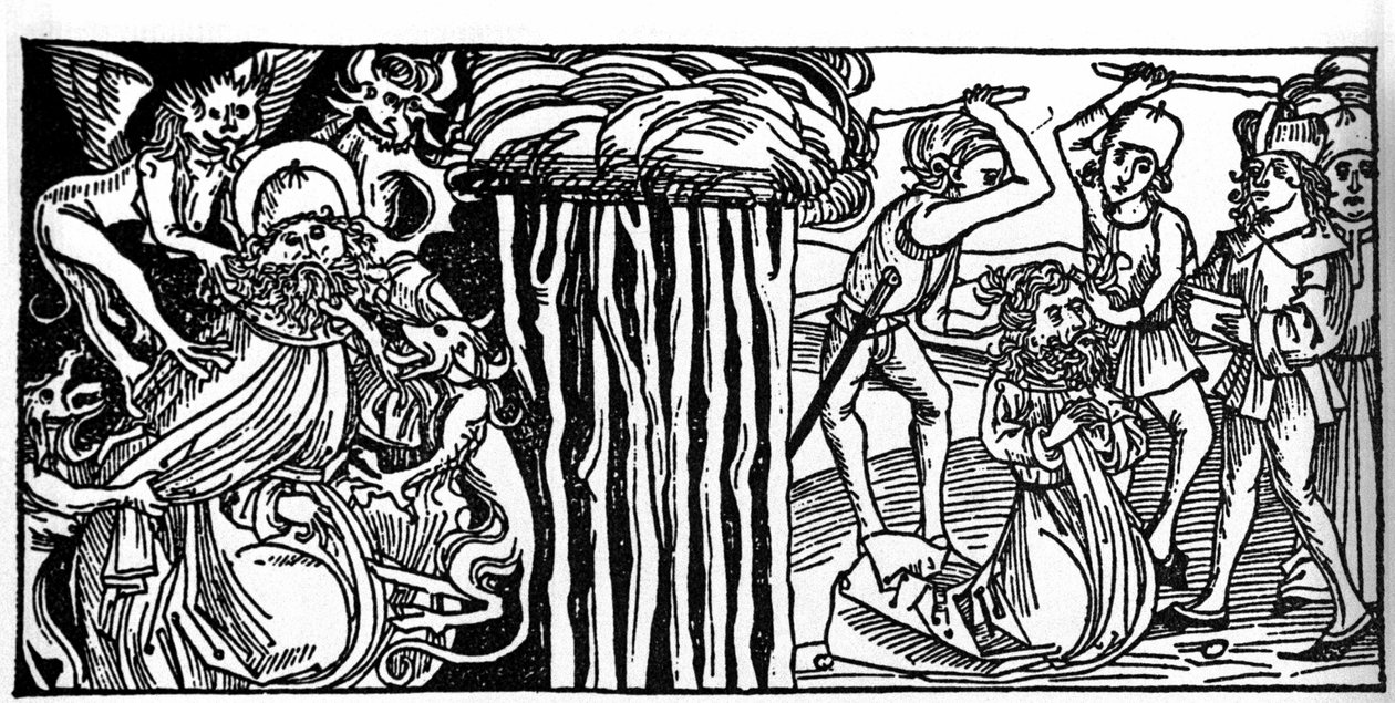Las tentaciones de San Antonio el Grande (o San Antonio el Ermitaño o San Antonio el Abad), y a la derecha su martirio. Grabado de “Leben der Heiligen - sommerteil” (El libro de los santos) de Jacobus (James) de Voragine (1228-1298) de Unknown artist
