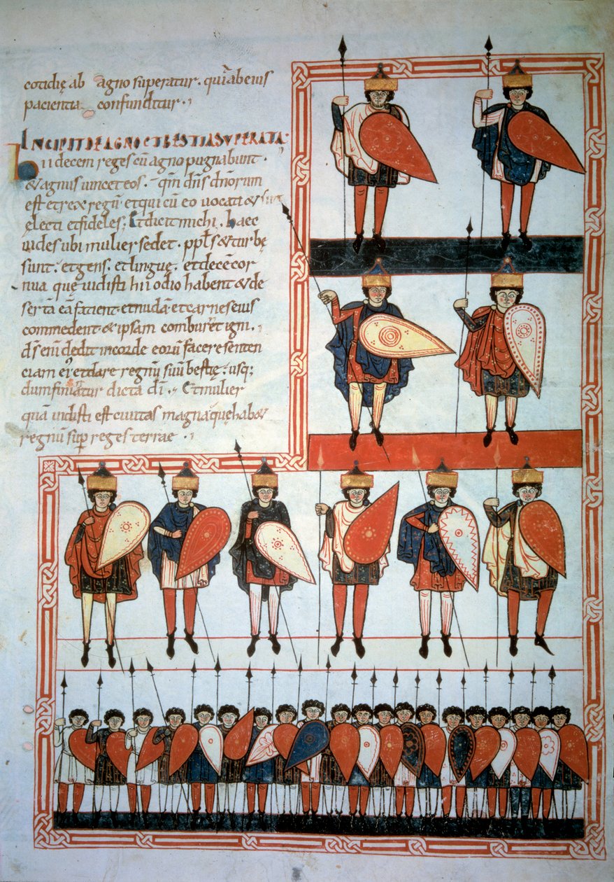 Los diez reyes del apocalipsis con armas de lanzas y escudos con sus tropas. Miniatura en "Beato de Liébana, Comentario al Apocalipsis" (Folio 193), por Stephanus Garcia de Unknown artist