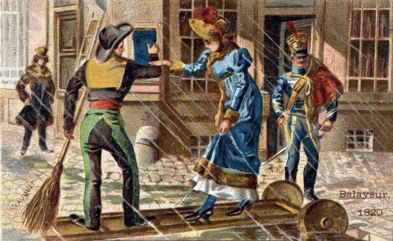 El oficio de barrendero en 1820: un barrendero ayudando a una joven a cruzar un charco de Unknown artist