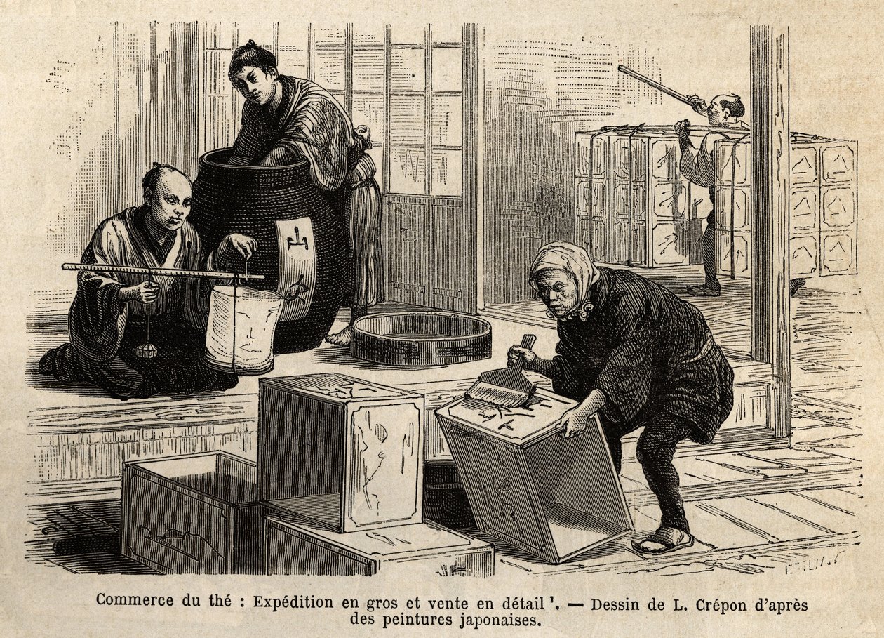 El comercio del té: envío al por mayor y al por menor. Grabado para ilustrar el viaje a Japón, por Aime Humbert, ministro de la Confederación Suiza, en 1863-1864, publicado en 