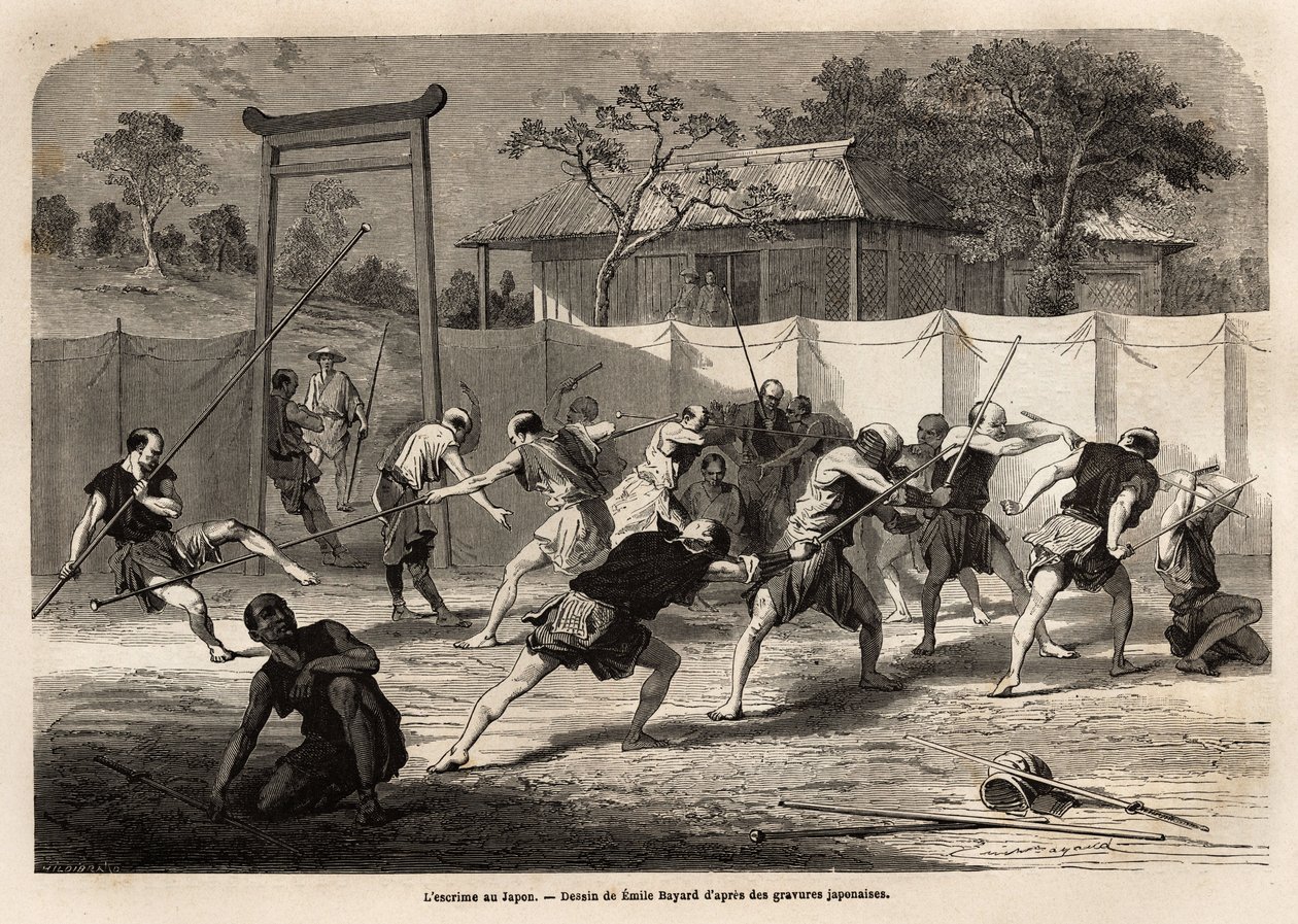El entrenamiento de guerreros japoneses en combate con espada y lanza, en una especie de arena rodeada de lona estirada. Grabado para ilustrar el viaje a Japón en 1863-1864, por Aime Humbert, ministro de la Confederación Suiza, en “Le tour du monde, nouvea de Unknown artist