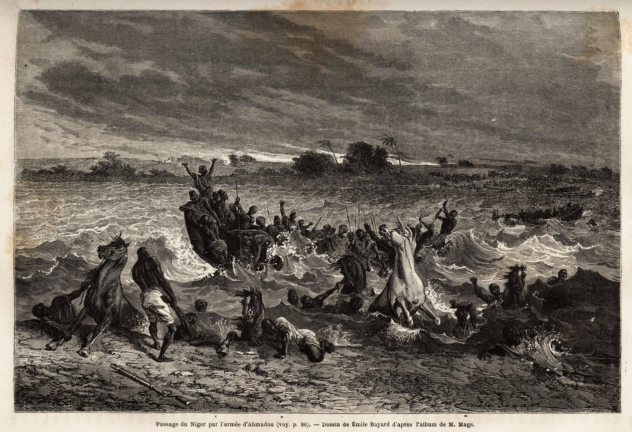 El transporte del ejército del Rey Ahmadou en el río Níger durante la temporada de lluvias le causó numerosos naufragios y muchas pérdidas de caballos. Grabado para ilustrar el viaje al Sudán Occidental del Teniente (Marina) M.Mage, en 1863-1866, publicado de Unknown artist