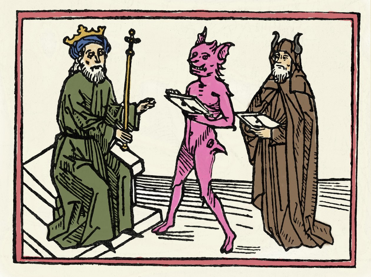 El juicio de Belial: "El demonio Belial presenta sus credenciales al juez Salomón". Grabado de "El juicio de Belial" de Jacobus de Teramo (o Palladino), Augsburgo de Unknown artist