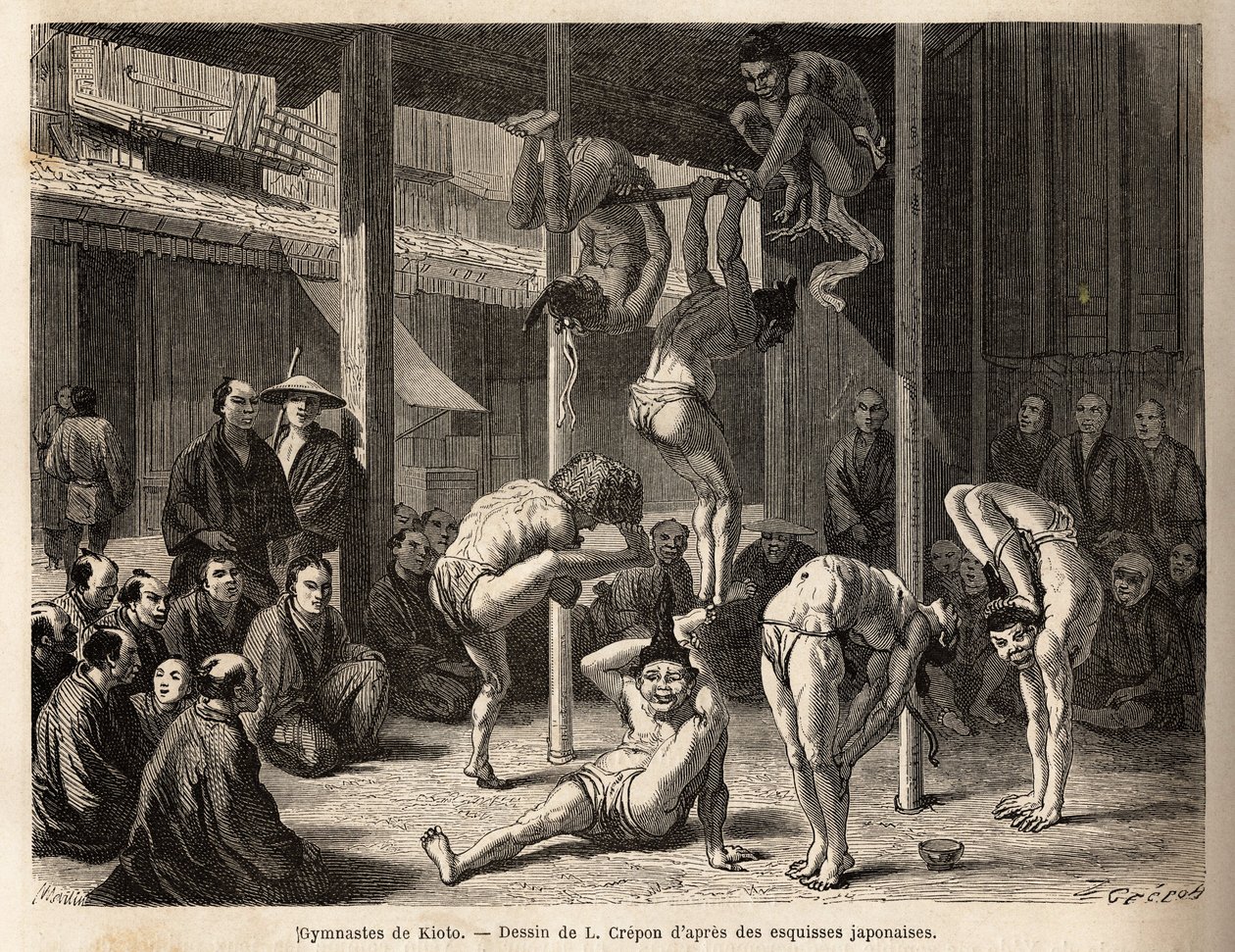 La troupe de los saltimbanquis los gimnastas de Tokio, actúan bajo un vasto cobertizo o están dispuestos en esteras de bambú, todos ellos son experimentados en estos ejercicios físicos pero también en la práctica de la comedia. Grabado para ilustrar el via de Unknown artist