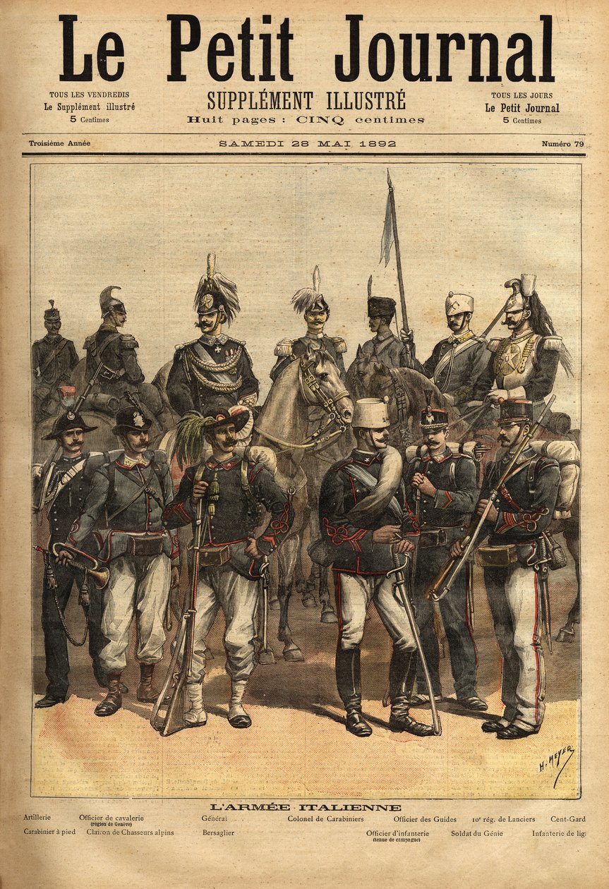 Los uniformes del ejército italiano, a caballo de izquierda a derecha: la artillería, el oficial de caballería, el general, el coronel de carabineros, el oficial de los guías, el 10º regimiento de lanzas, el centésimo. De pie de izquierda a derecha: el car de Unknown artist