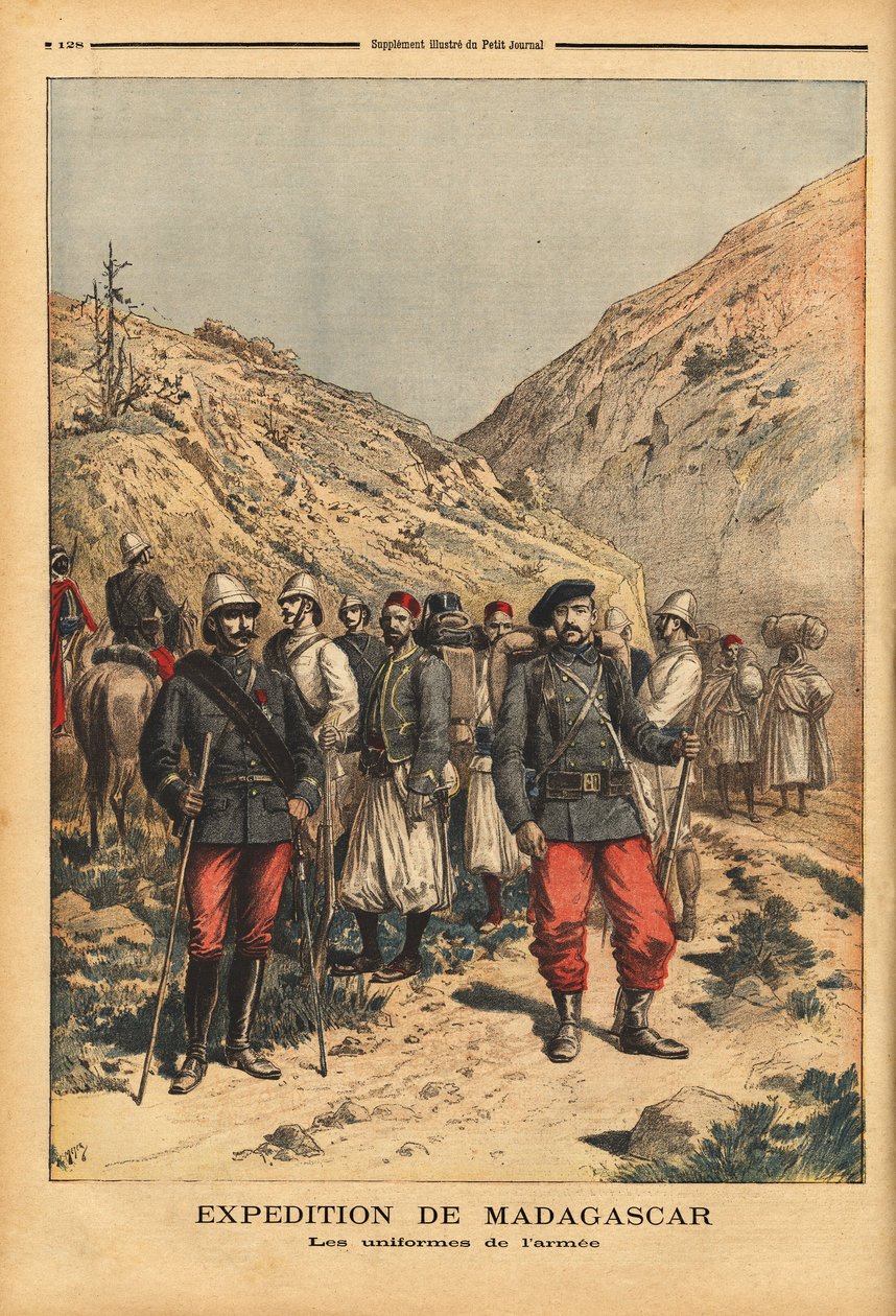 Los uniformes del ejército, un atuendo de campaña para la expedición de Madagascar. Grabado en "Le petit journal" 21/04/1895. Colección Selva. de Unknown artist