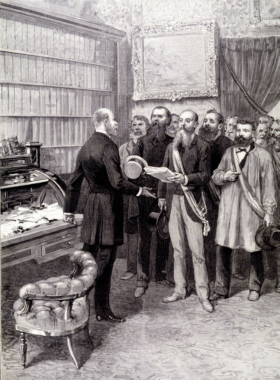 La visita de los delegados obreros al Palais Bourbon (Jules Guesde, Sr. Ferroul, Sr. Baudin y Sr. Thivrier) al Secretario General de la Presidencia: Sr. Martin, durante la manifestación del 1 de mayo de Unknown artist