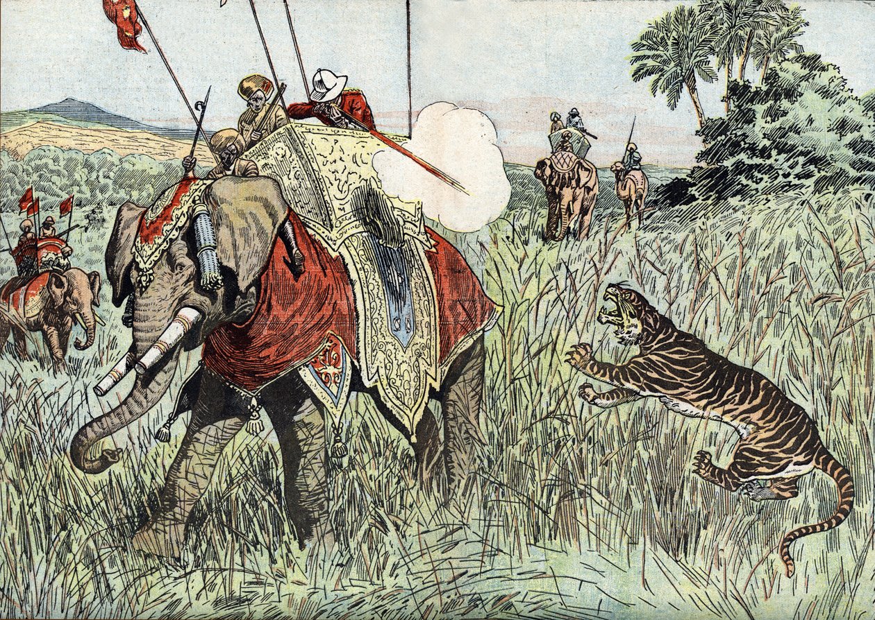 The voyage of the Prince of Wales (then Edward VIII then Duke of Windsor) (1894-1972), to the British Indies, represented here during a tiger hunt" (El viaje del Príncipe de Gales (entonces Eduardo VIII y luego Duque de Windsor), a las Indias Británicas, r de Unknown Artist