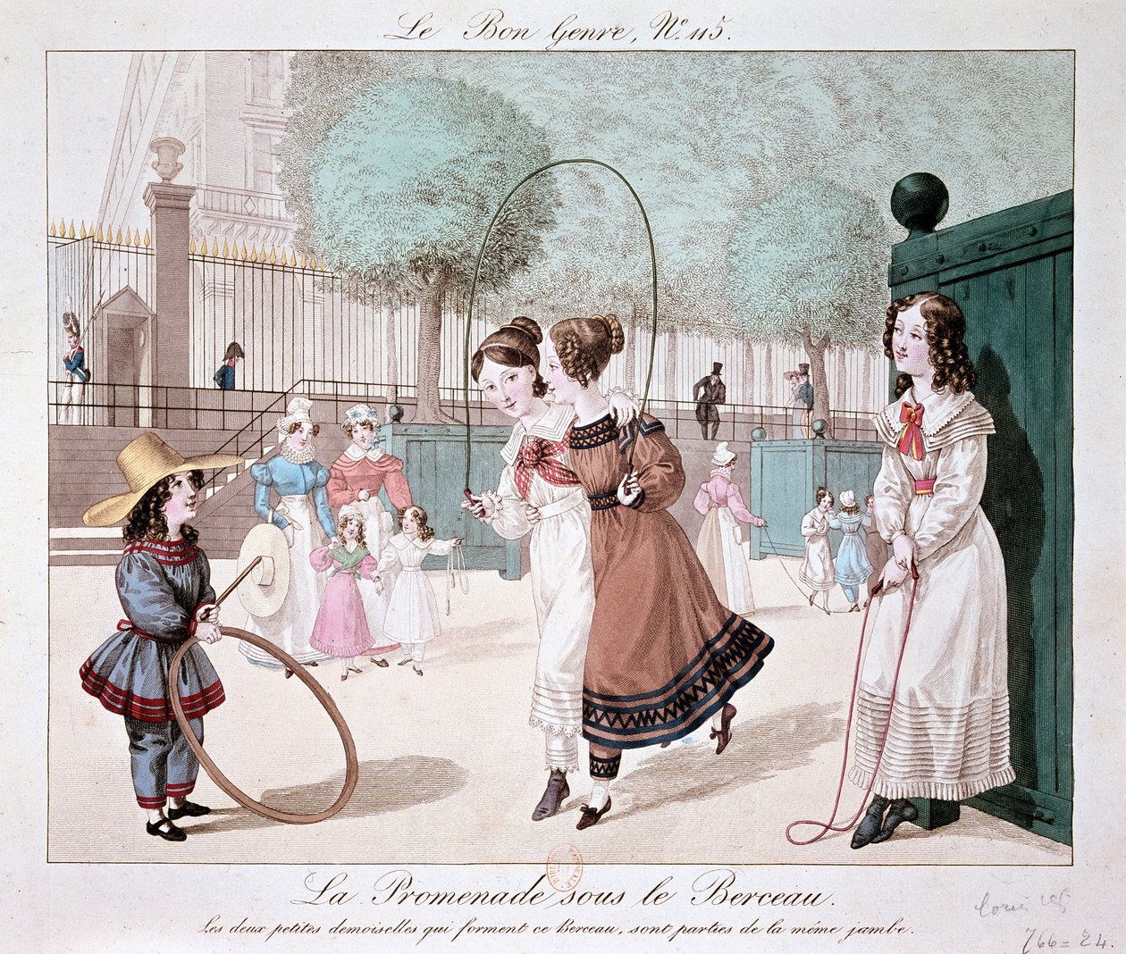 El paseo bajo la cuna: Las dos pequeñas damas que forman esta cuna, son de la misma pierna (Jardín de las Tullerías), c. 1840 de Unknown artist