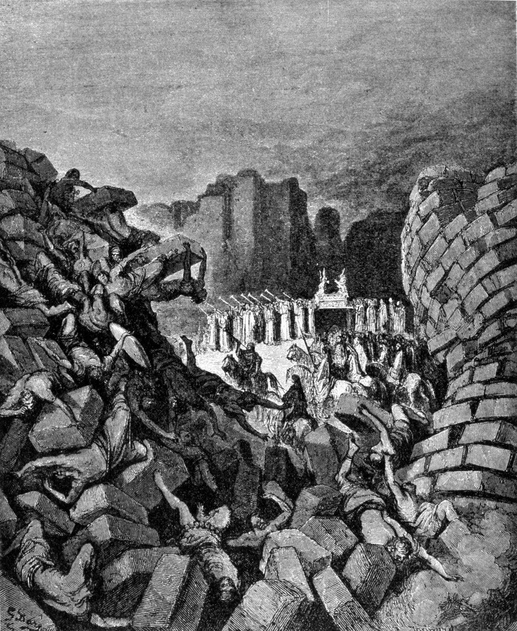Las murallas de Jericó colapsaron al sonido de las trompetas de Oseas, lo que permitió a los hebreos tomarlas. Libro de Josué. Grabado del siglo XIX de Unknown artist