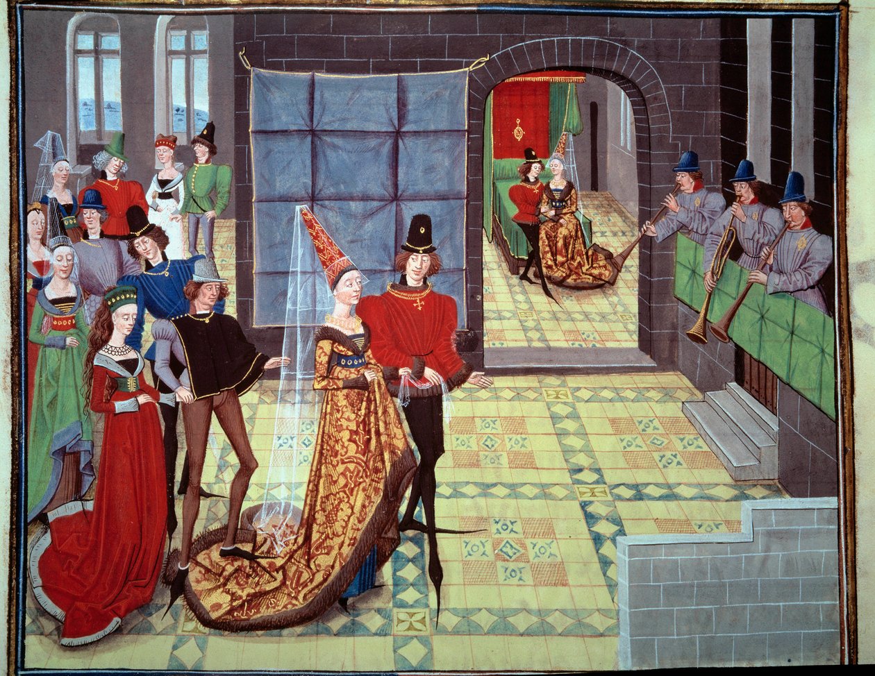La boda de Renaud y Clarisse, en el fondo en la noche de bodas. Miniatura del manuscrito Renaud de Montauban o Los cuatro hijos Aymon por Loyset Liedet (activo entre 1448 y 1478). Ms. 5073. Siglo XV Biblioteca de l