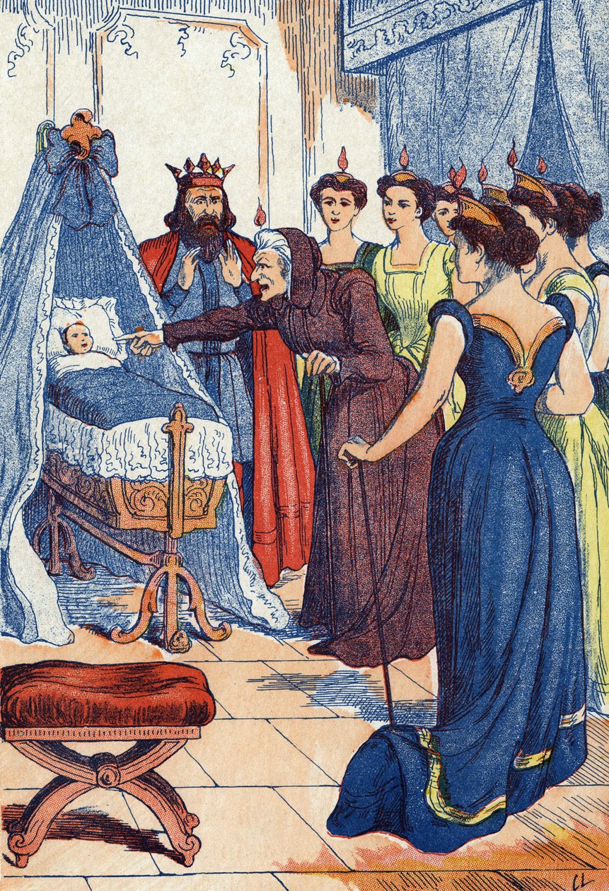 El hada malvada predice que la princesa se pinchará la mano. Ilustración para “La bella durmiente”, cuento de Charles Perrault (1628-1703), escritor francés. Imaginario Marcel Vagne, Jarville Nancy, sin fecha (finales del siglo XIX). de Unknown artist