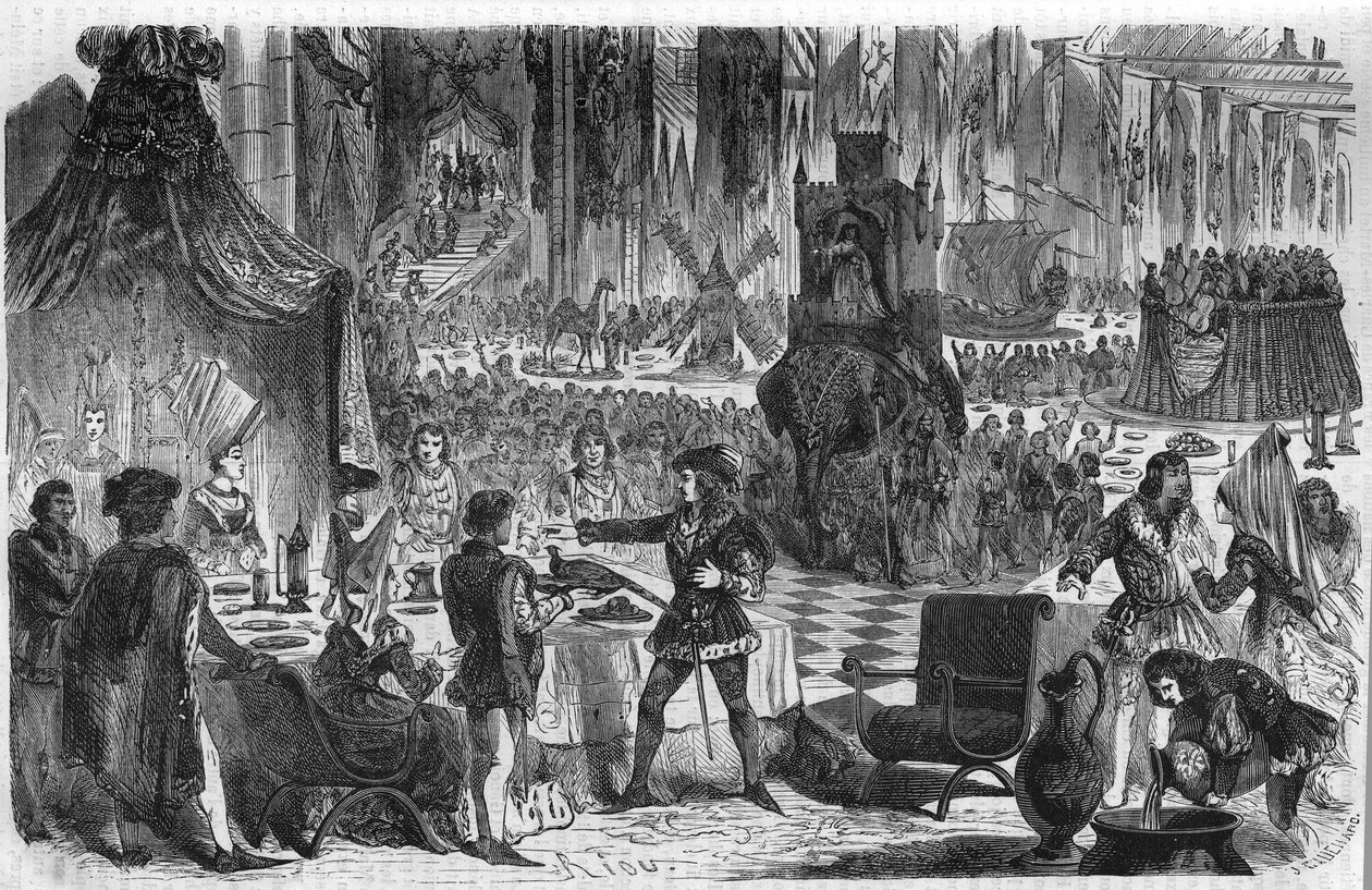 El deseo del faisán. Felipe III Le Bon, duque de Borgoña (1396-1467) se unió al emperador de Constantinopla el 17 de febrero de 1454 para un banquete en el hotel de la Salle de Lille. Grabado del siglo XIX de Unknown artist