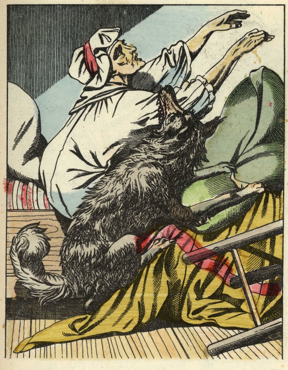 El lobo golpea a la abuela de Caperucita Roja. Ilustración del cuento "Caperucita Roja" de Charles Perrault de Unknown artist
