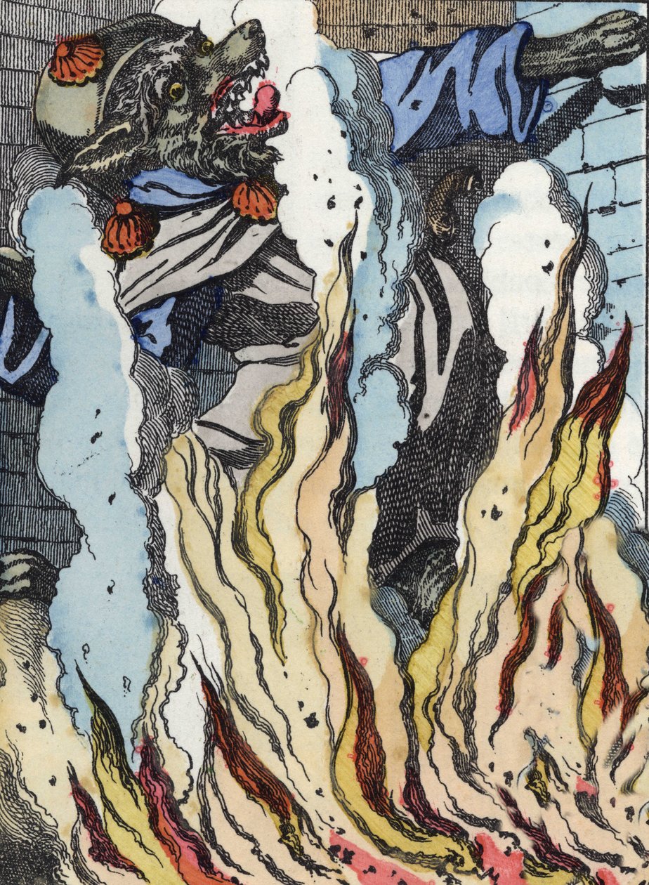 El lobo cae en el fuego de la chimenea. Ilustración del cuento "Compere le Loup, Maitre Renard, Comere la Chevre et ses petits biquets" después de una fábula de Jean de la Fontaine. En "Cuentos del hogar para los pequeños". Grabado anónimo del siglo XIX de Unknown artist