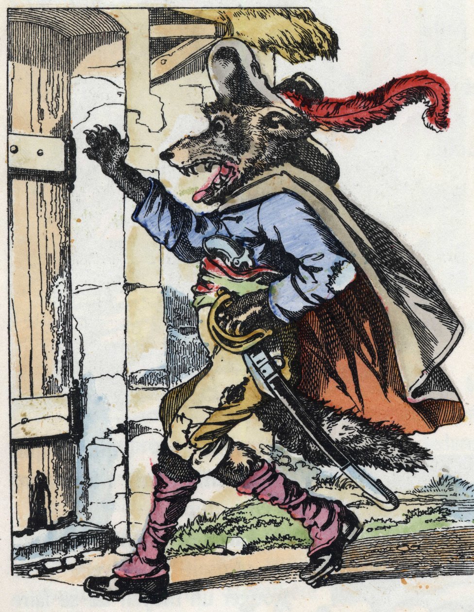 El lobo llama a la puerta de la casa del cabrito. Ilustración del cuento “Compère le Loup, Maître Renard, Commère la Chèvre et ses petits biquets” después de una fábula de Jean de la Fontaine. En “Cuentos del hogar para los pequeños”. Grabado anónimo. de Unknown artist