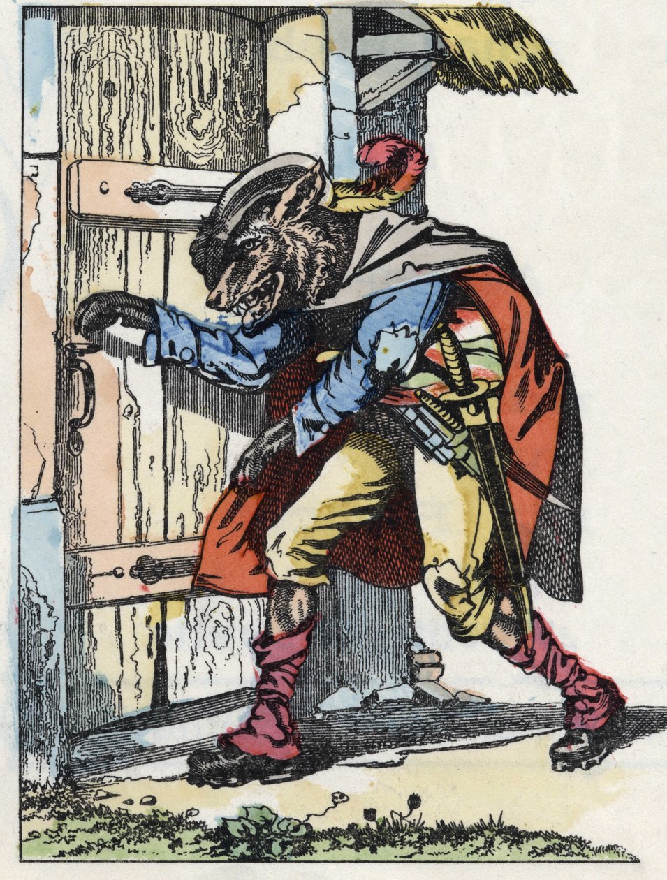 El lobo llama a la puerta de la casa de los biquets. Ilustración del cuento "Compere le Loup, Maitre Renard, Comere la Chevre et ses petits biquets" después de una fábula de Jean de la Fontaine. En "Cuentos del hogar para los pequeños". Grabado anónimo del de Unknown artist
