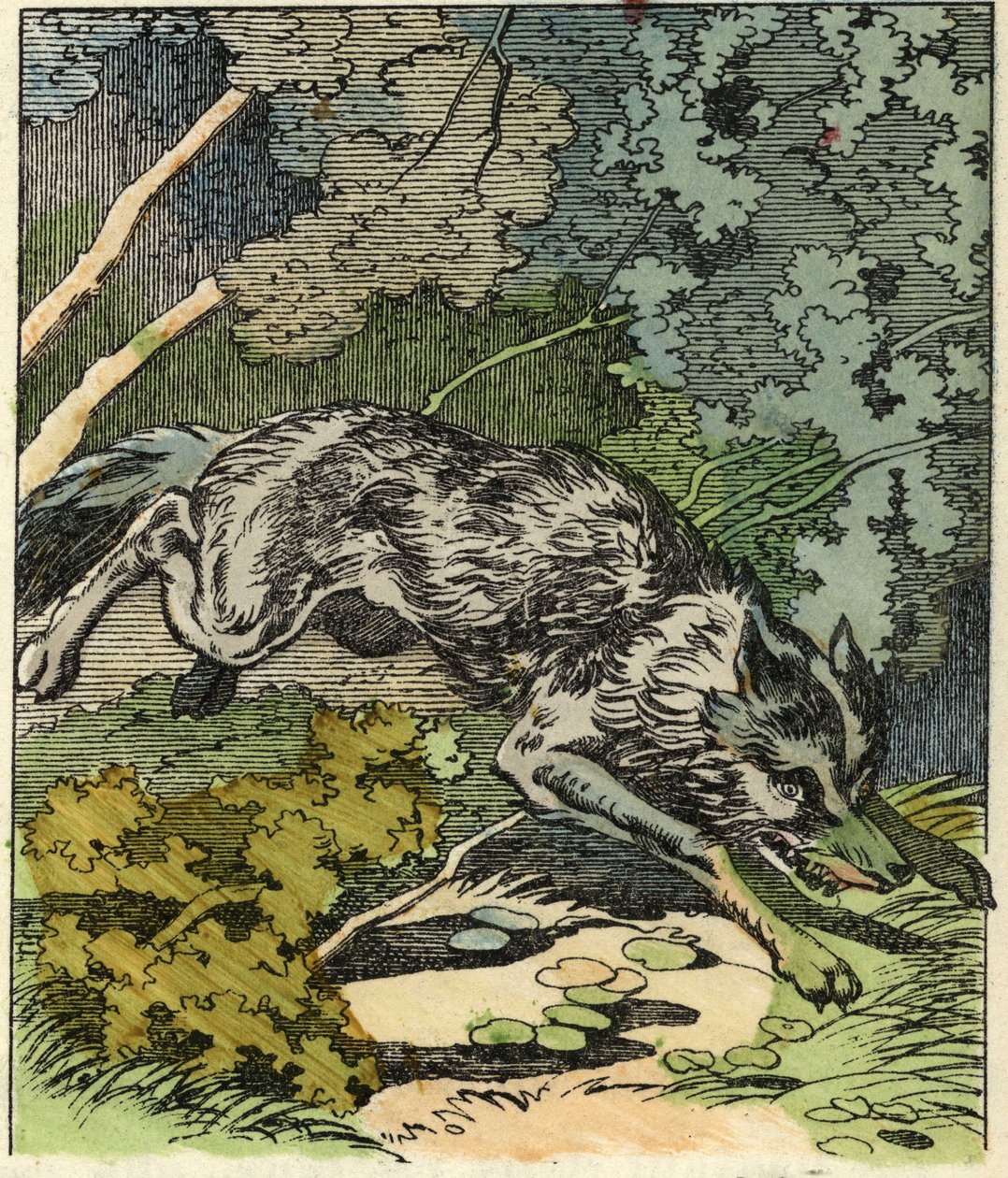 El lobo corre a la casa de la abuela. Ilustración del cuento "Caperucita Roja" de Charles Perrault de Unknown artist