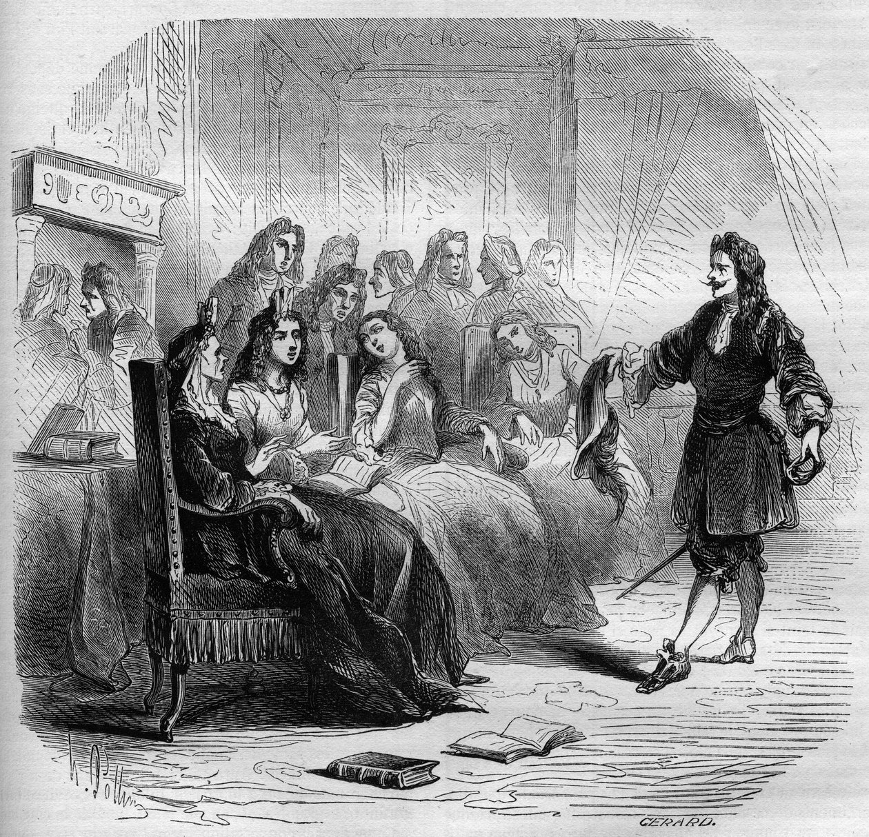 El escritor Georges de Scudéry (1598-1667) durante un salón literario organizado por su hermana, Madeleine de Scudéry, en 1650. Grabado de 1860-1861 de Unknown artist