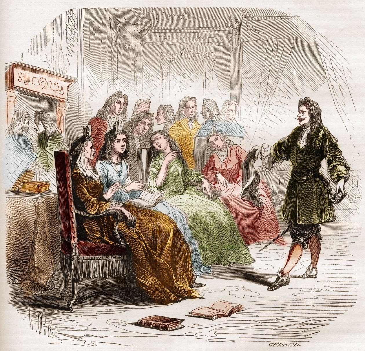 El escritor Georges de Scudery (1598-1667) durante un salón literario organizado por su hermana, Madeleine de Scudery, en 1650. Grabado de 1860-1861 de Unknown artist