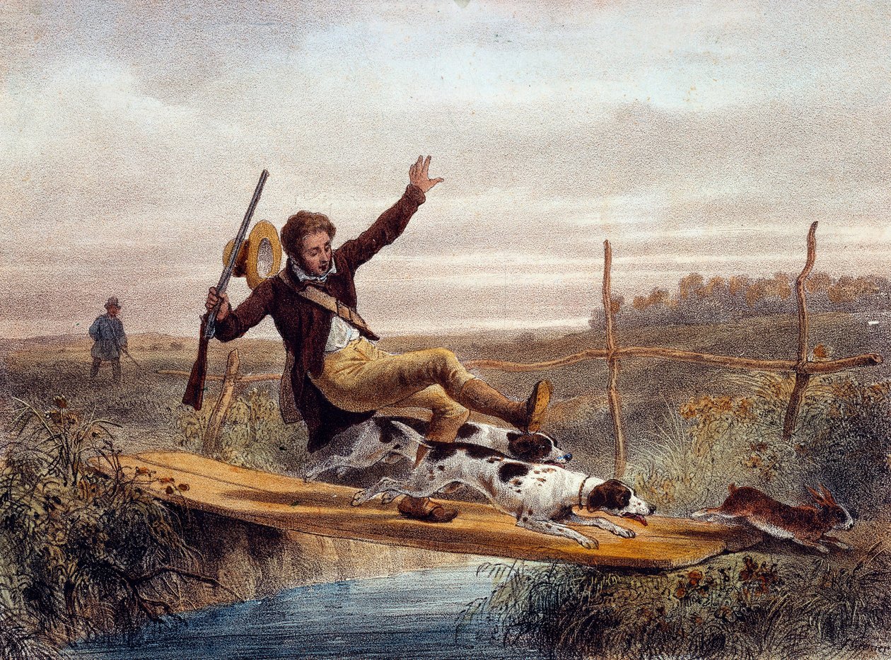 El paso en falso. Un cazador cae de un pequeño puente, empujado por perros persiguiendo una liebre (grabado del siglo XIX) de Unknown artist