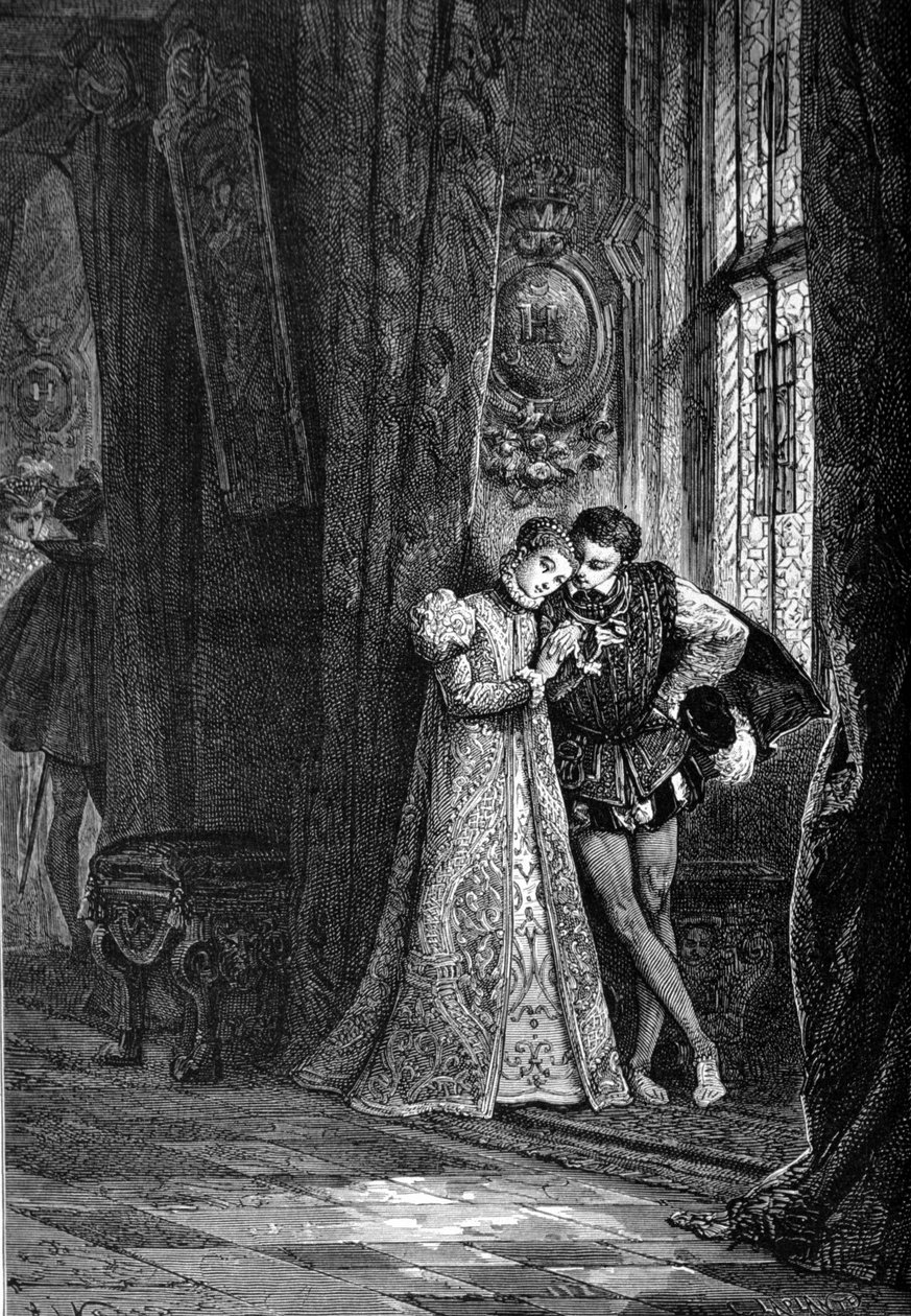 Los jóvenes prometidos María I Estuardo (1542 - 1587) y Francisco II (1544 - 1560) gustaban de apartarse para confidencias. Grabado del siglo XIX. de Unknown artist