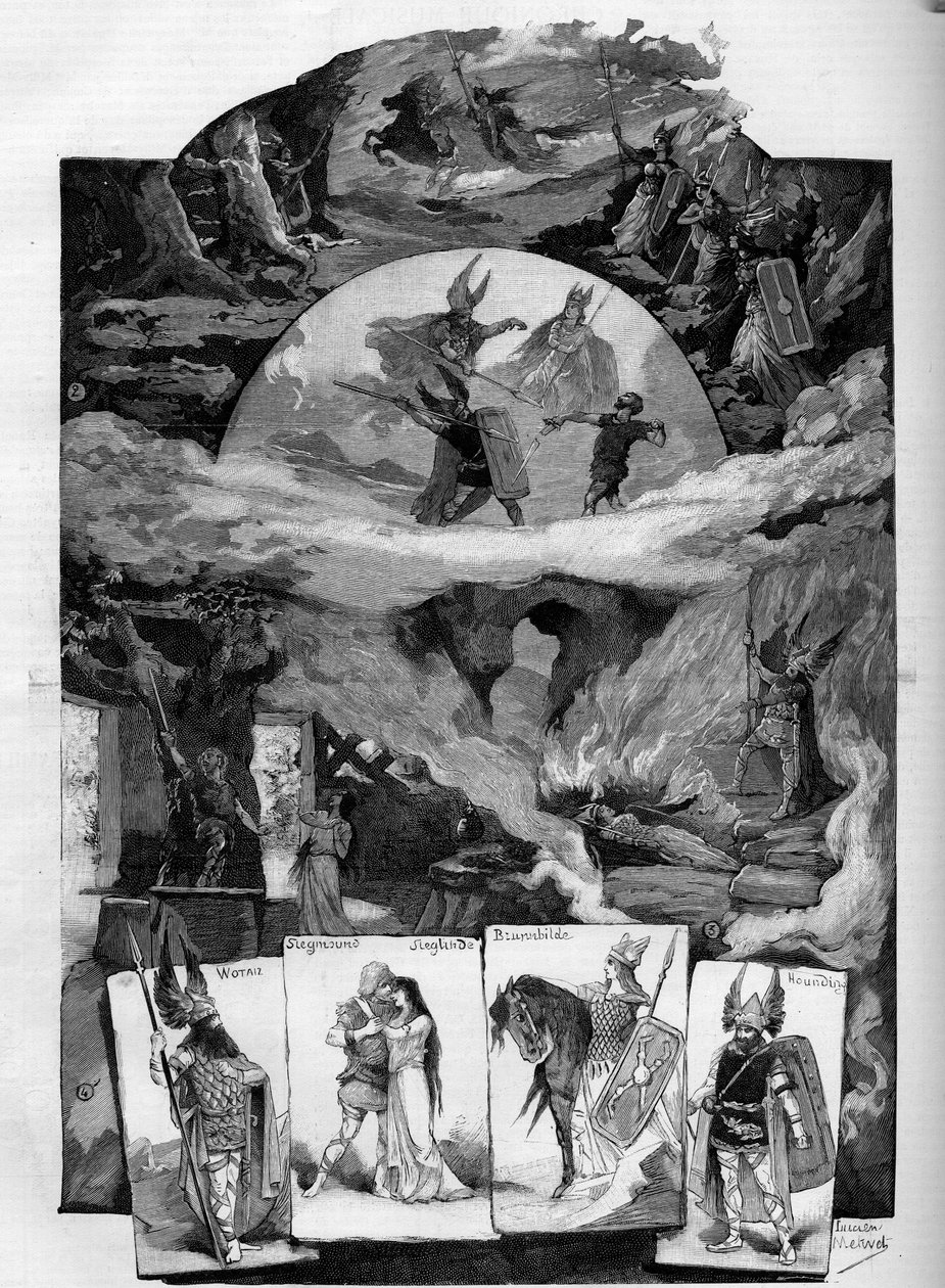 Obra de teatro “Die Walküre” (La Valquiria), drama de Richard Wagner (1813-1883) representado en el Théâtre de la Monnaie en Bruselas. Grabado en “Le Monde Illustré” de Unknown artist
