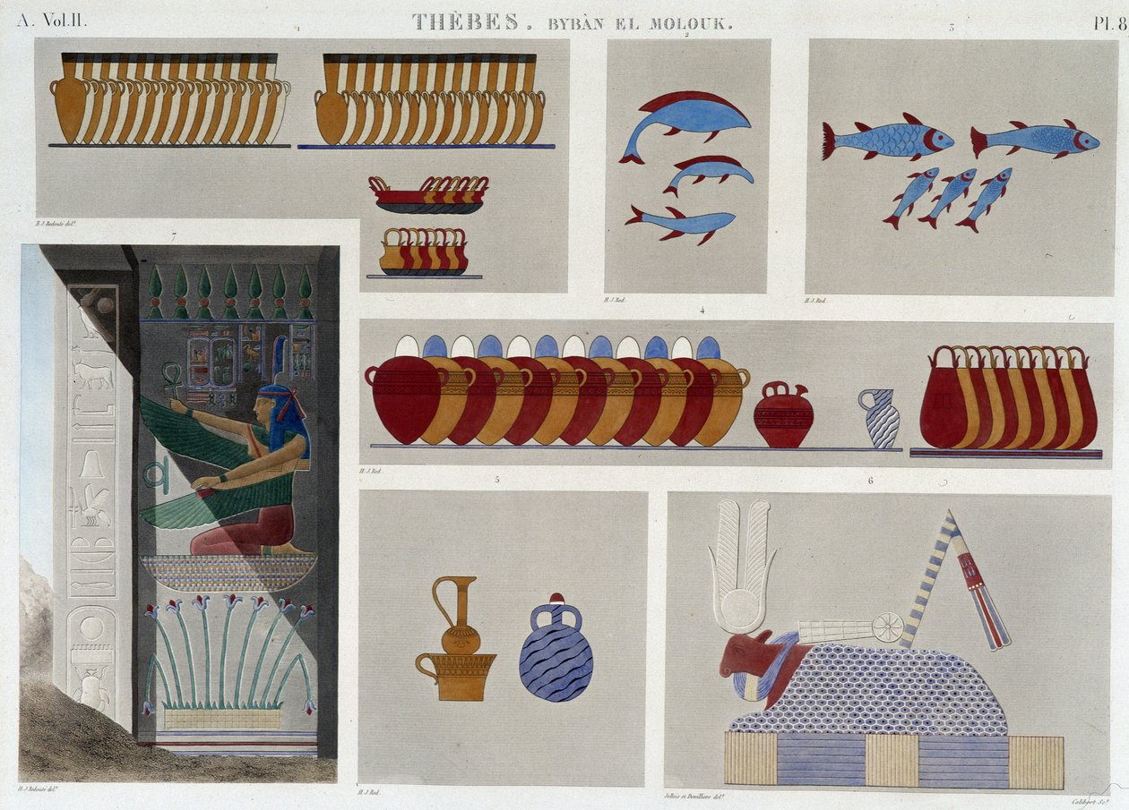 Tebas: Bybân el Molouk. pl 87: Pinturas de la 5ª tumba de los reyes al este, 7º bajorrelieve de la entrada de la misma tumba en “Antigüedades Egipcias”, s.d. siglo XIX de Unknown artist