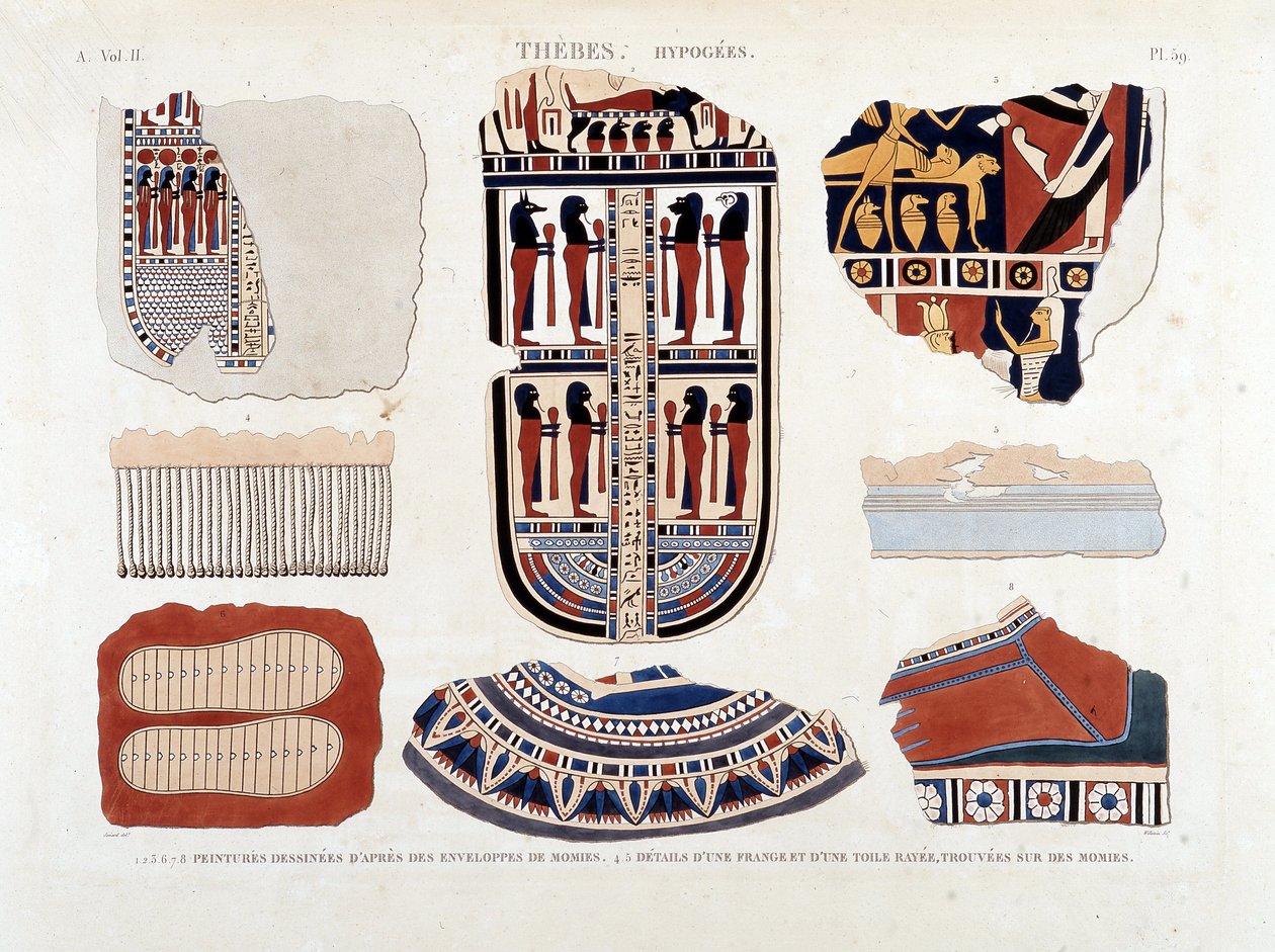 Tebas, Hipogeos: 1.2.3.6.7.8. pinturas de envoltorios de momias 4.5. Detalles de un fleco y una tela a rayas, encontrados en momias - en “Descripción de Egipto” 1809, Antigüedades vol 2 pl 112 de Unknown artist