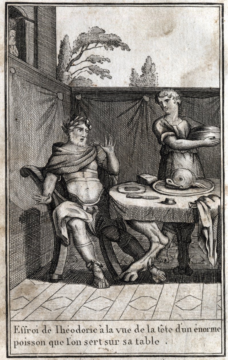 Teodorico el Grande (ca. 454/455-526), rey de los godos, se asusta al ver la cabeza de un enorme pez servido en su mesa. Grabado en “Beauté de l