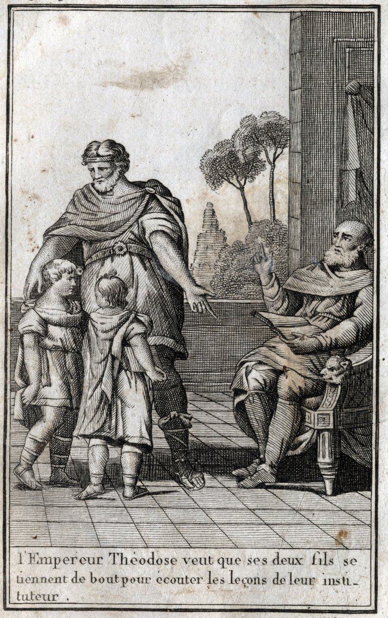 Teodosio I (Flavio Teodosio) (347-395), emperador romano, quiere que sus dos hijos, Arcadio (377-408) y Honorio (384-423), se levanten para escuchar las lecciones de su maestro. Siglo IV. Grabado en “Belleza de la historia del bajo imperio” redactado por P de Unknown artist