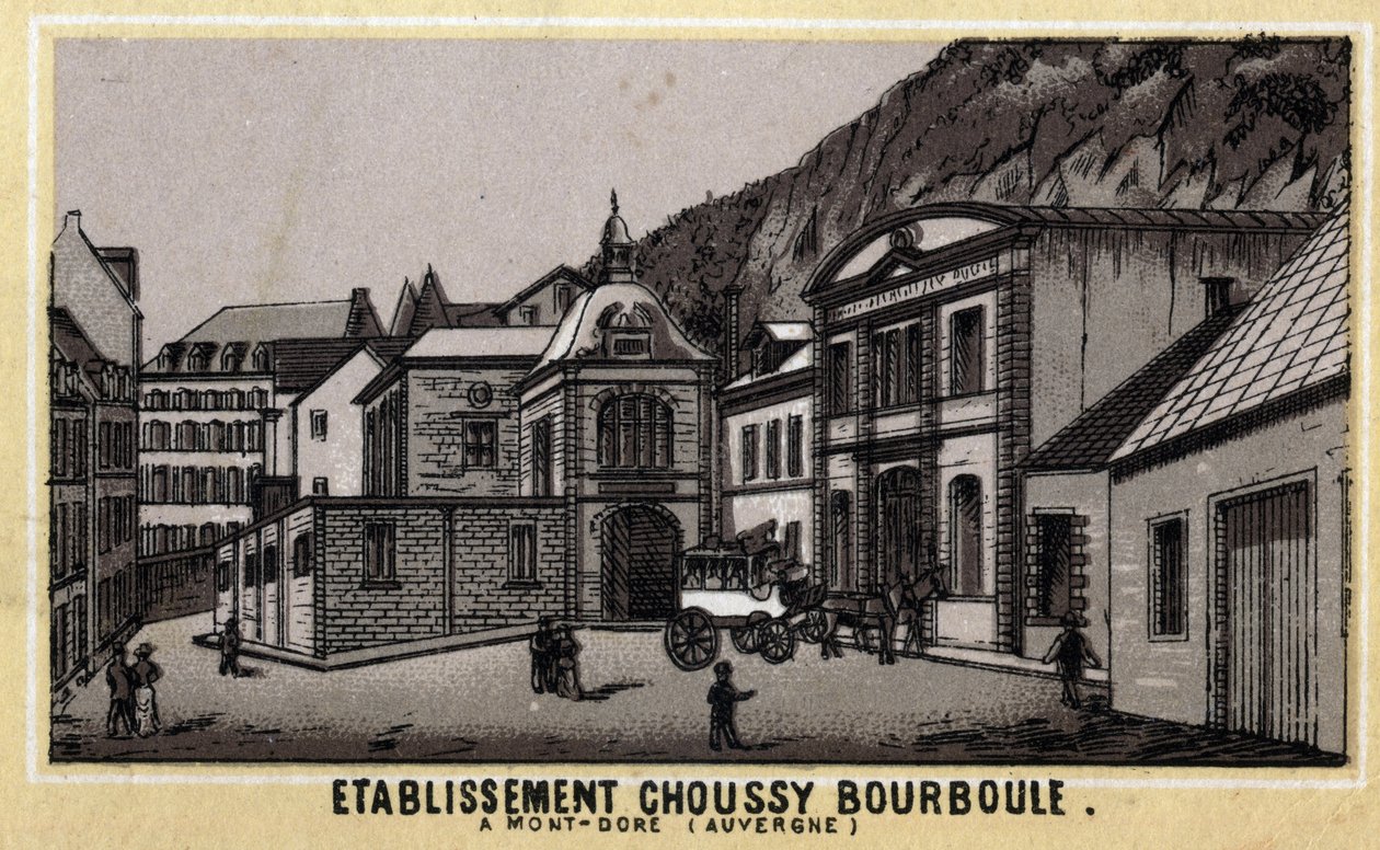 Establecimientos termales de Choussy en Bourboule en el macizo de Monts Dore, en el departamento de Puy-de-Dome en Auvernia. Cromolitografía de finales del siglo XIX. de Unknown artist