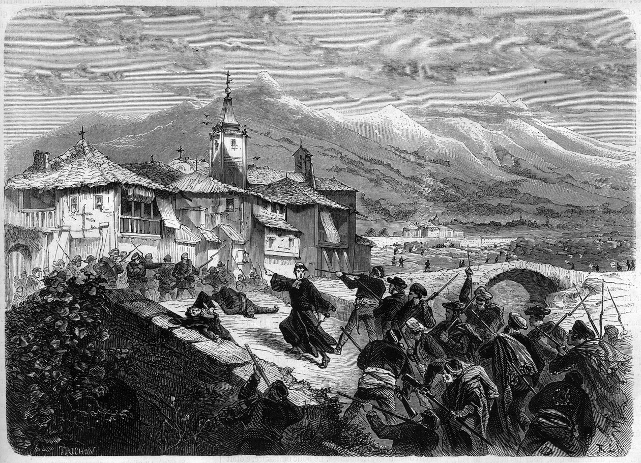 Tercera Guerra Carlista (1872-1876): Batalla entre las tropas del gobierno y una banda carlista en Navarra, España. Grabado en “L