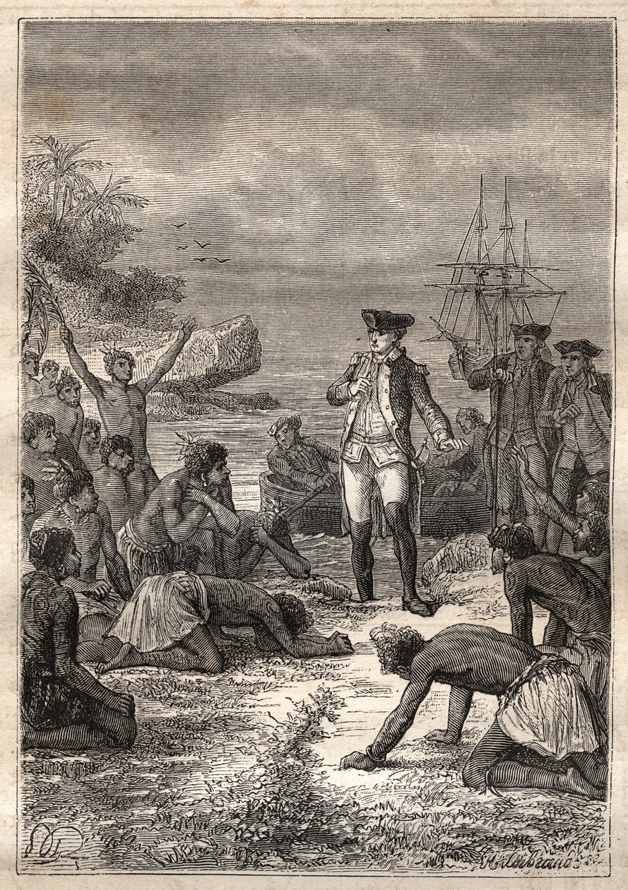 Tercer viaje (1776-1779) del Capitán James Cook (1728-1779): Cook es recibido por los nativos (Hawái) - ilustración tomada de “Los Grandes Marineros del siglo XVIII” de Unknown artist